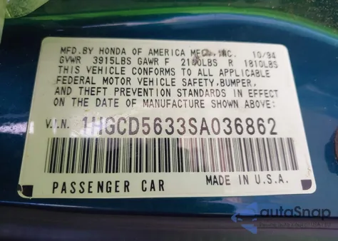 1995 Honda Accord Lx/Ex z USA, uszkodzony, nr VIN 1HGCD5633SA036862